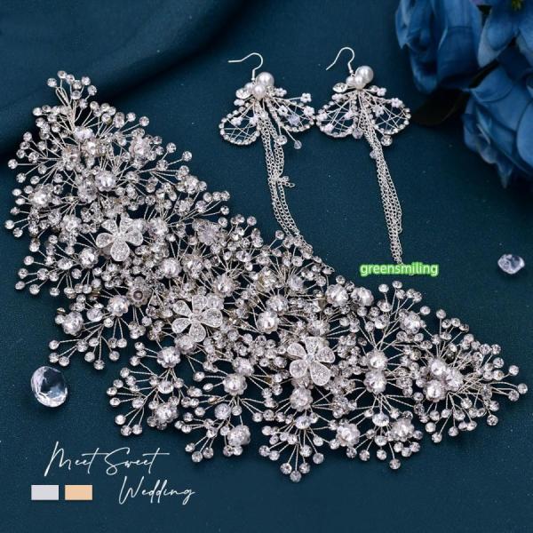 ウェデイング ヘッドドレス イヤリング ピアス 大きめ 豪華 ブライダル 花嫁 二次会 パーティー 結婚式 披露宴 発表会 舞台 海外挙式 ステージ 前撮り キラキラ