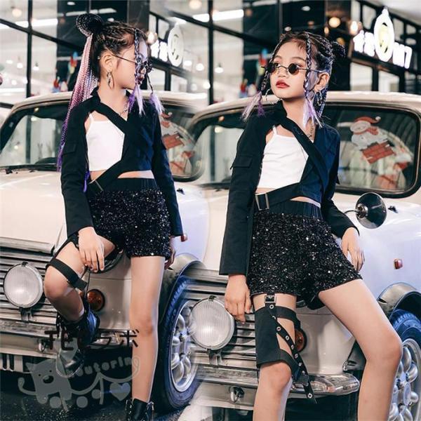 キッズダンス衣装 キラキラ ガールズ ブラック ホワイト セットアップ チアダンス トップス キャミソール へそ出し 長袖 ショートパンツ スパンコール 原宿系 k-