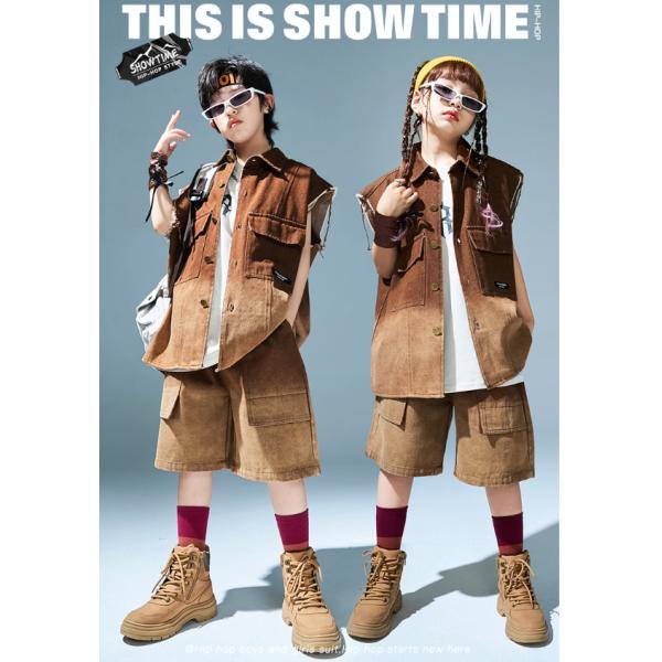 キッズ ダンス衣装 ヒップホップ 子供服 jazz 女の子 男の子 ダンスウェア ブルー グラデーション デニムベスト デニムパンツ ロング丈/ショート丈 ズボン 韓国