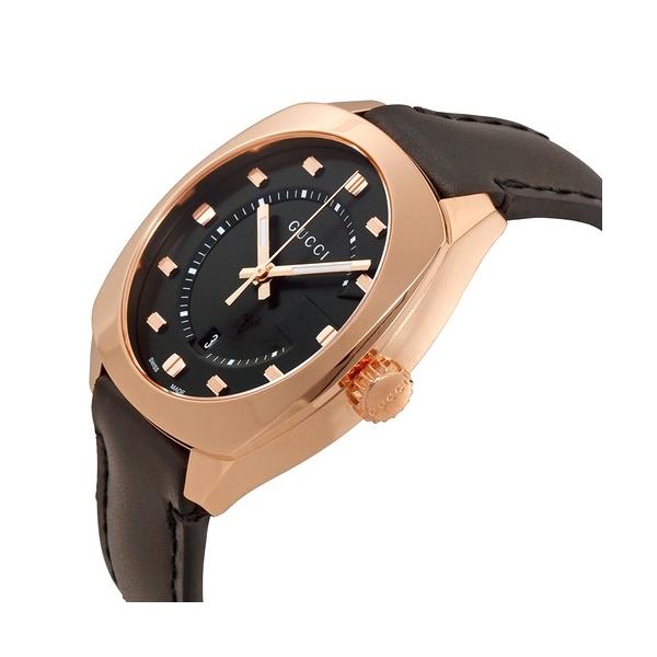 グッチ ブラック 時計 Gg2570 Ya メンズ 腕時計 Gucci レザー 腕時計 ブラック ピンクゴールド カレンダー クオーツ ウォッチ Ya Ya グリーンテラス