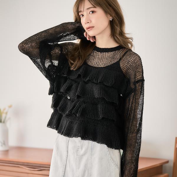 ニット レディース 春 秋冬 透かし編み フリル シアーニット トップス