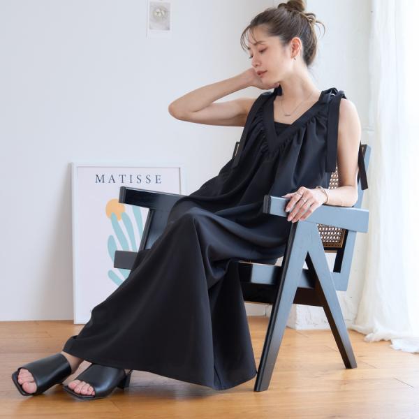 肩リボン ワンピース 夏 ロング マキシ リゾートワンピース Vネック