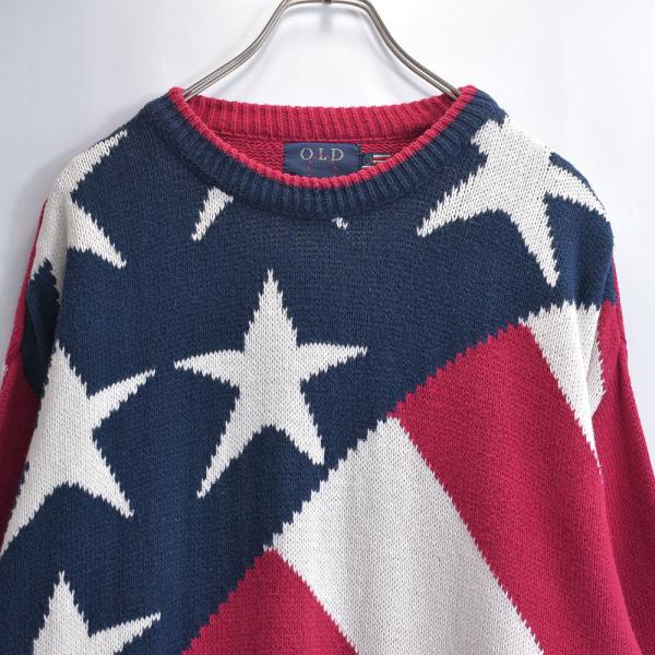 90s アメリカ製 OLD GLORY 星条旗柄 コットンニット セーター 国旗柄 
