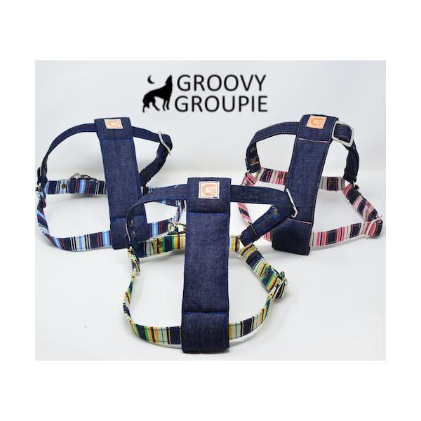 小型犬用 ハーネス Sサイズ ハンドメイド デニムストライプ 装着簡単！【マルチストライプ＆デニム＋レザー】安心のワンタッチ