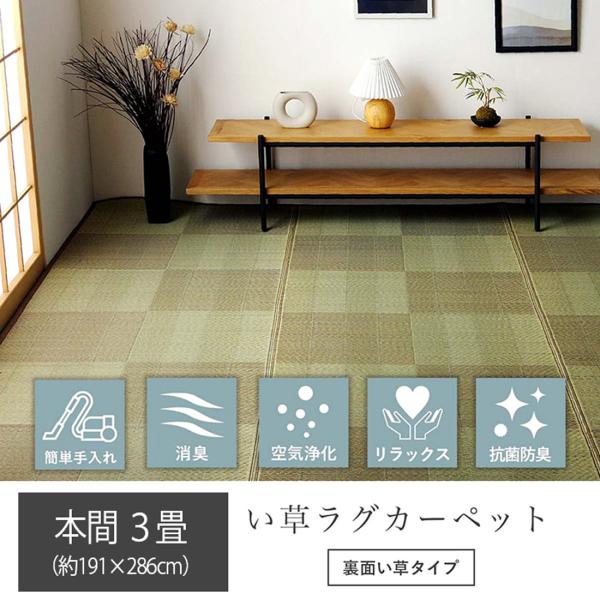 い草ラグ 花ござ 本間3畳 約191×286cm 格子柄 抗菌防臭 消臭 掃除簡単 レイクブルー ブラウン 2色 ルネ おしゃれ シンプル イケヒコ 茣蓙