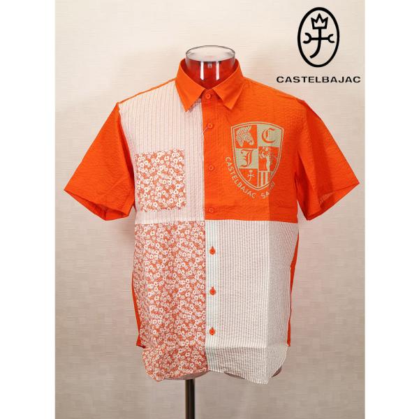 ★２０２４ 春夏 【25周年*002*】60%OFF【gu】カステルバジャック【*002*】綿サッカー地切り替え半袖シャツ＜M・L＞オレンジ-ba271・ba272