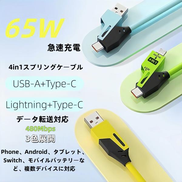 セールスポイント最大65W出力でノートPC・スマホ・タブレットを急速充電4in1設計：Lightning＋Type-C出力、USB-A＋Type-C入力対応スプリング伸縮構造で絡まりにくく、収納も簡単太めの純銅線芯で安定した高効率充電を実現...