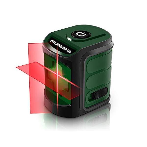 MUFASHA レーザー墨出し器 水平器 2ライン レーザーレベル ミニ型 持ち運びに便利自動水平調整機能 収納バック付き レーザークラス2 (Red