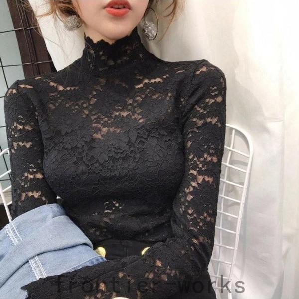 スレースカットソーレディースインナーウェアハイネックタートルネックtシャツ　春　秋　冬　長袖　タイト透け感 大人 20代30代40代