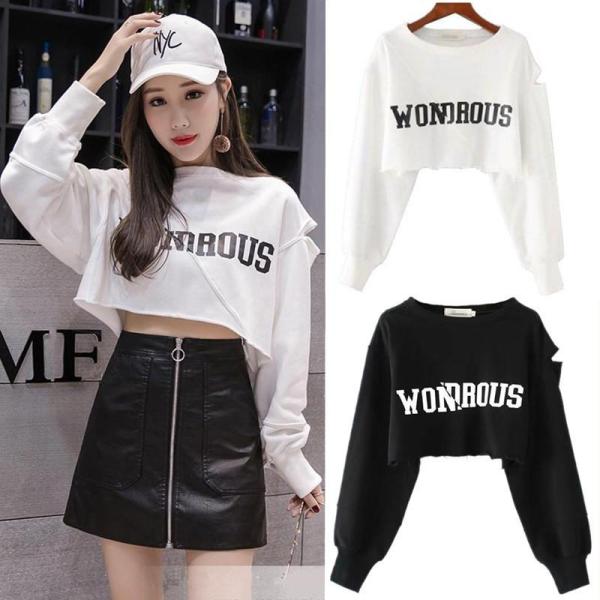 ヒップホップ ダンス衣装 レディース 長袖 プルオーバー トレーナー ショート丈 ヘソ出し スhiphop演出 舞台 ゆったり 着痩せ  ダンス