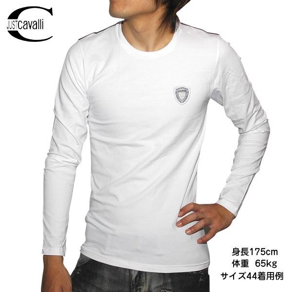 ジャストカバリ JUST Cavalli メンズ トップス カットソー 長袖 ロンT 前面ワッペン・背面ロゴクルーネックロングスリーブTシャツ  ホワイト 白