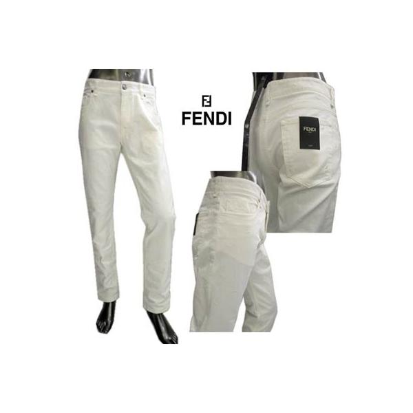 フェンディ FENDI メンズ パンツ ボトムス デニム ロゴ バッグバグズアイ散らばり刺繍・ロゴ刻印ボタン付ホワイトデニムパンツ 白  (R104500) 02S