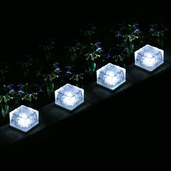 【ソーラーライト ブリックアイス模様の角ガラス ホワイト色4個組】埋め込み式 ガーデンライトGWSOLAR　(型番： GW-GS101/W4pcs)