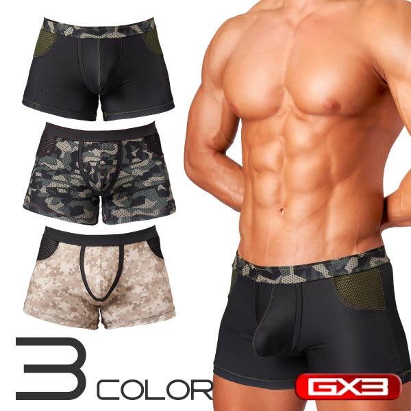 スペシャル仕様でギフトにも最適！GX3初のメッシュバックポケット付きボクサーパンツ。生地にゴムを巻いたウエストベルトが、ほどよくフィットして、腰周りをスッキリ魅せる。滑らかな光沢生地は、程よい伸縮性で、フィット感バツグン。両サイドに入れたメ...