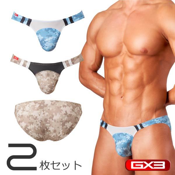 スッキリシルエットがカラダを惹き立てる、爽快感UP！カモフラージュ柄カラーパネルデザイン・ビキニ。フロントポーチ周りをえぐるように、脚の付け根に沿ってコカンのフォルムを強調するシャープカッティング。男らしく逞しいボリューム感をアピール。フロ...