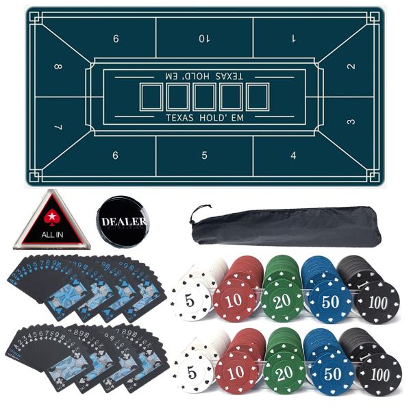 ポーカーセット 8点フルセット カジノセット チップ ポーカーマット トランプ ディーラーボタン ALL INボタン 収納ケース付き (青、白)
