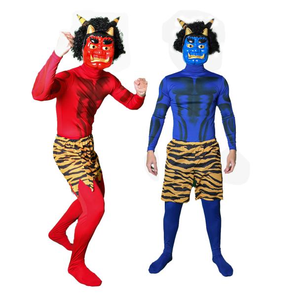 モデルさんは身長171CM　体重67KGでMサイズを着用しています。内容：ウィッグ（ツノ付き）、お面（衣装と同色）、全身タイツ、腰巻/パンツ※お面の色は衣装の色と同じ、腰巻かパンツかお選びいただけます。サイズ：M・XL，平置き実寸(約cm)...