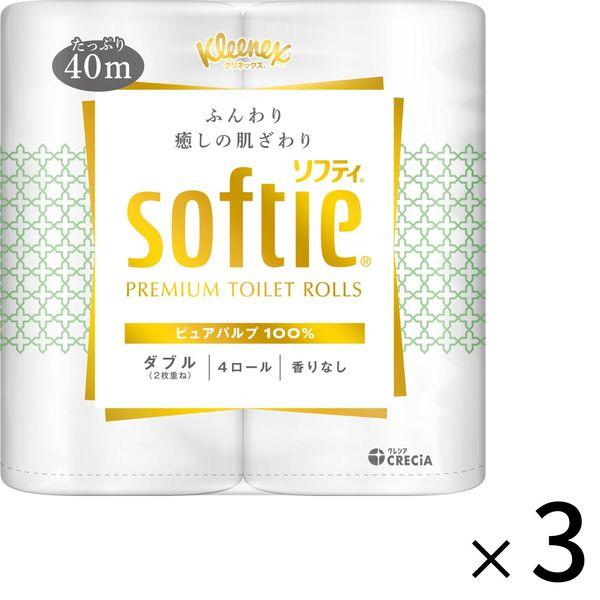トイレットペーパー ダブル 4ロール 40m パルプ クリネックスソフティ ピュアホワイト 1セット（3パック12ロール入） クレシア