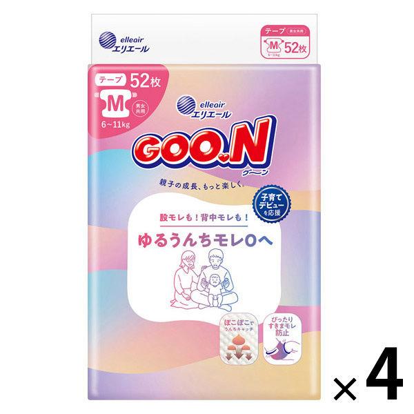 グーン おむつ テープ Mサイズ（6〜11kg）1セット（52枚入×4パック）ゆるうんちモレ0へ 大王製紙