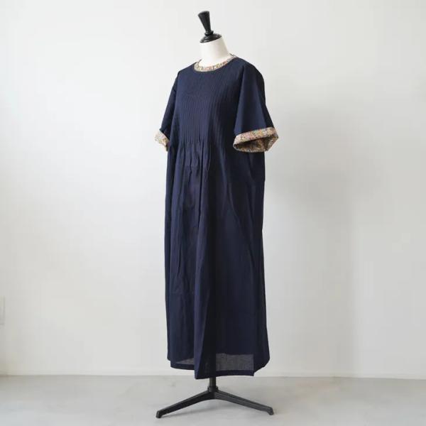 sosotto (ソソット) | 綿麻細ピンタックLIBERTYフリルOP半袖 (navy