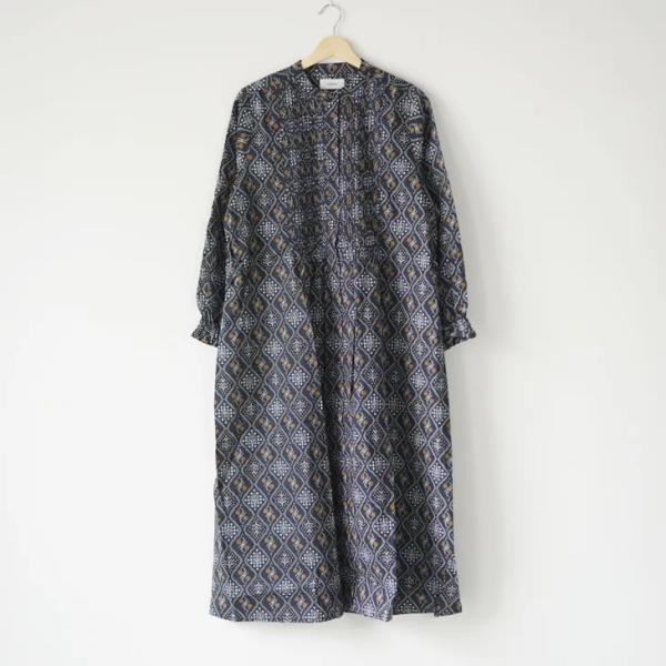 sosotto（ソソット） | 格子花柄ピンタックウエストドロストOP (navy