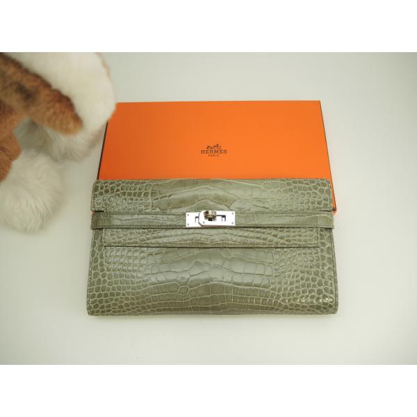 HERMES(エルメス) 長財布 ケリーウォレットロング ベトン シルバー金具 アリゲーターマット Kelly エルメス ケリーロングウォレット アリゲーター 灰 長財布
