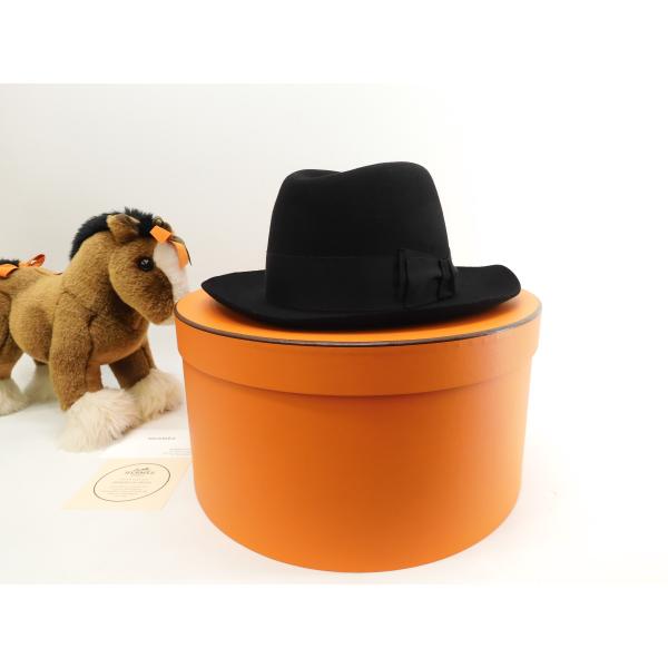 HERMES エルメス ハット ウール 黒 つば付き帽子 髪留め付 HERMES エルメス ハット ウール 黒 つば付き帽子 髪留め付