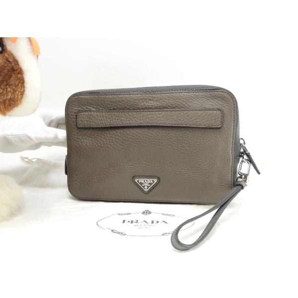 PRADA（プラダ） セカンドバッグ レザー 灰黒 クラッチウォレット