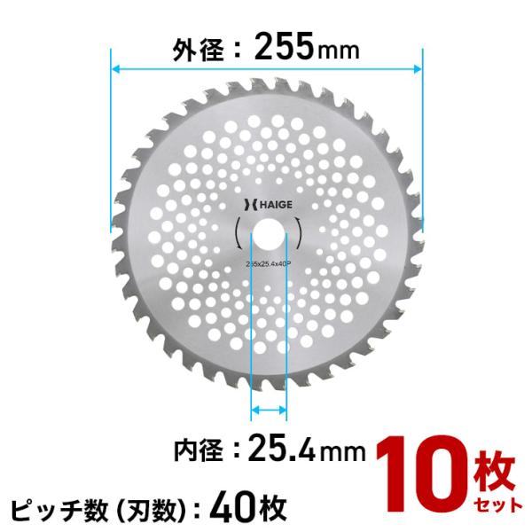 高品質チップソー 替刃 255mm 40枚刃【10枚セット】穴径25.4mm 草刈り機用 替え刃 刈払機 草刈機