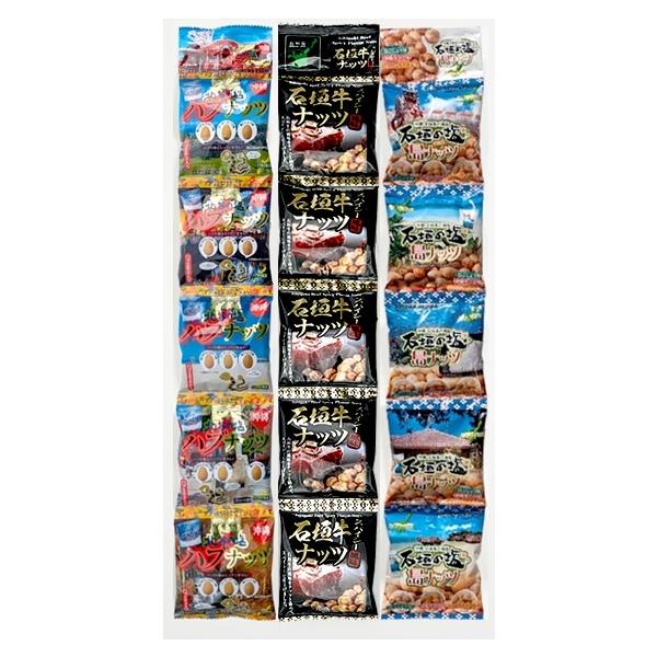沖縄お土産で人気のナッツ３種類セットです。・石垣島の恵まれた気候で育成された「石垣牛」の風味に仕上げた「石垣牛スパイシー風味ナッツ」・1袋で【島こしょう味、沖縄タコス味、ほんのりチーズ味】3種の味が楽しめる「石垣の塩 島ナッツ」・1袋で【島...