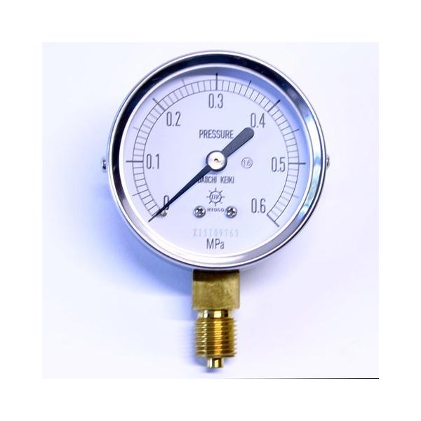 測定範囲は0〜0.6MPa目盛板の大きさは60φ、接続ネジはG1/4B（PF）空圧、油圧、その他の一般圧力測定用として製作された兼価版の圧力計JIS規格に基づいて製造された、品質・性能の安定した製品