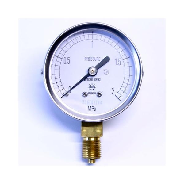 測定範囲は0〜2MPa目盛板の大きさは60φ、接続ネジはG1/4B（PF）空圧、油圧、その他の一般圧力測定用として製作された兼価版の圧力計JIS規格に基づいて製造された、品質・性能の安定した製品