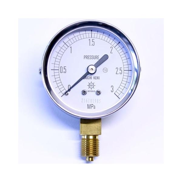 測定範囲は0〜3MPa目盛板の大きさは60φ、接続ネジはG1/4B（PF）空圧、油圧、その他の一般圧力測定用として製作された兼価版の圧力計JIS規格に基づいて製造された、品質・性能の安定した製品
