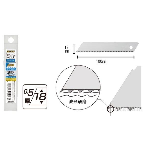 OLFA　【刃渡り(mm)】 18×100mm【刃厚(mm)】 0.5mm【梱包数量】 プラケース3枚入り/1個 波型研磨の刃が滑りやすい素材にもしっかり引っ掛かり、スムーズにカットできます。折れ線がないため、刃幅を使ったダイナミックなカッ...