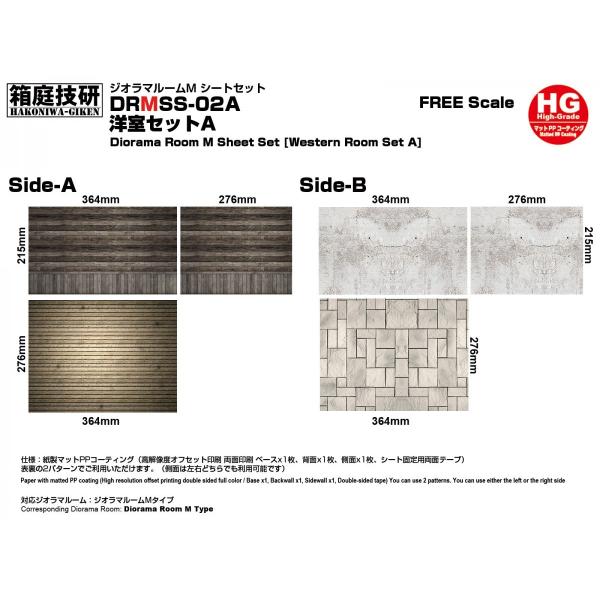 ■サイズ：背面壁364ｘ216mm　側面壁277ｘ216 mm　ベース364ｘ277mm■内容：ベースシートｘ1枚、背面壁シートｘ1枚、側面壁シートｘ1枚、固定用両面テープ両面印刷、コーティング加工済みで2パターン楽しめます。壁と床シートが...