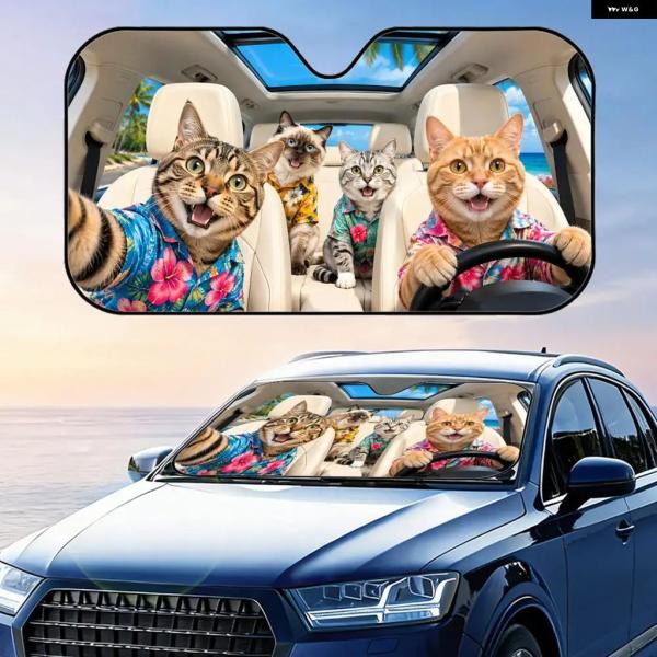 並行輸入品 ハワイアンシャツを着た猫のおもしろ サンバイザー フロントガラス サン シェード UVカット 反射式 折りたたみ式 断熱 カバー