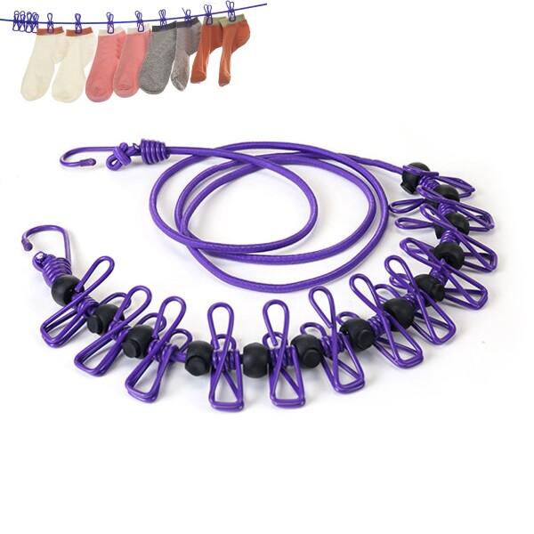 洗濯ロープ 物干しロープ 12個クリップ付き 洗濯物干し 室内 物干し 屋外 ストッパー付き 防風 伸縮 携帯便利 旅行用 キャンプ 梅雨 弾力性あるロープ (パープル)商品コード：55073606695型番：SD-1カラー：パープル【旅行...