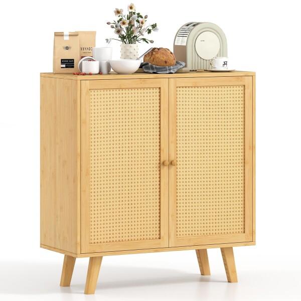 Giantex キャビネット 竹製 サイドボード マグネット式ドアキャッチ  
