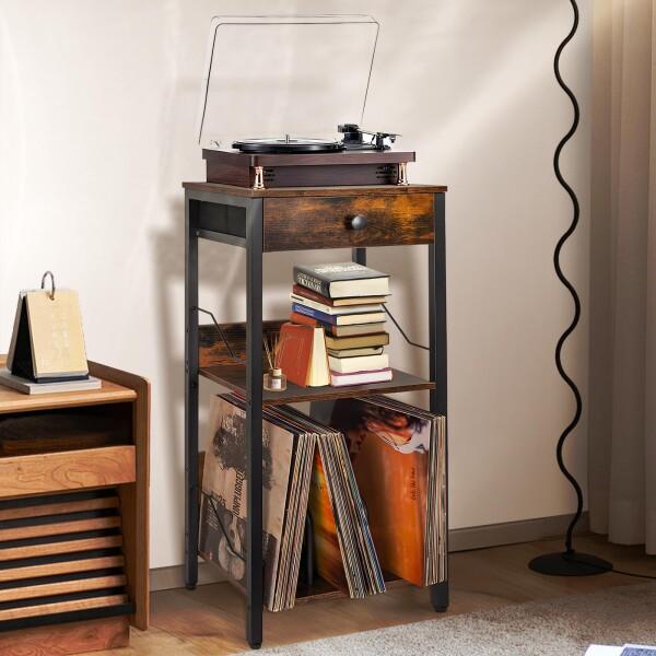 BQKOZFIN レコードプレーヤースタンド 3段 レコードラック ターン