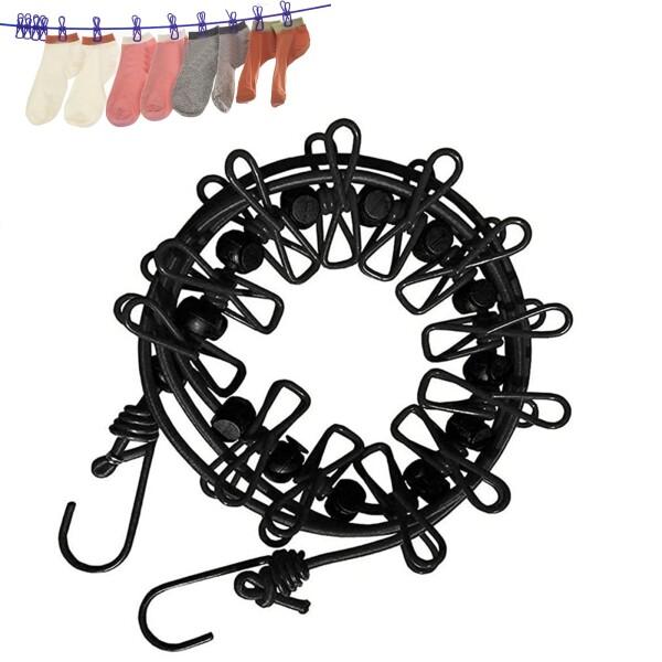 洗濯ロープ 物干しロープ 12個クリップ付き 洗濯物干し 室内 物干し 屋外 ストッパー付き 防風 伸縮 携帯便利 旅行用 キャンプ 梅雨 弾力性あるロープ (ブラック)商品コード：55078910087型番：SD-1カラー：ブラック【旅行...