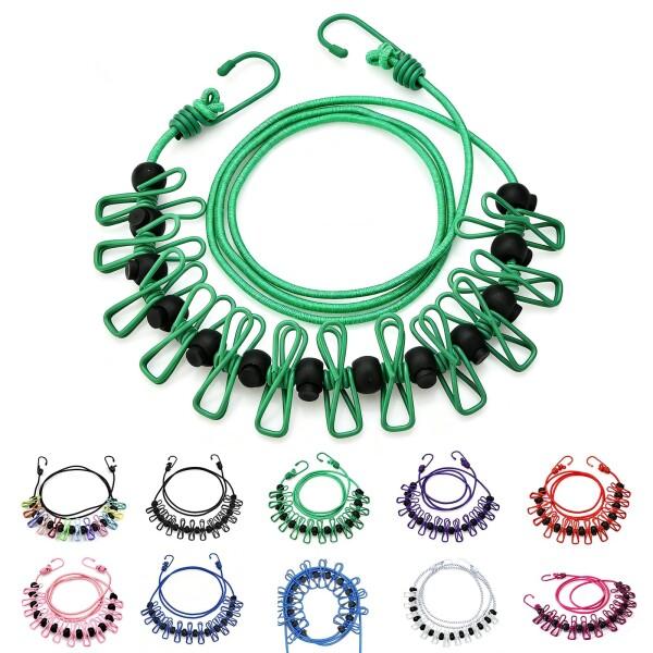 (Ruleheai)洗濯ロープ 物干しロープ 洗濯物干し 伸縮 物干し竿 1.8m弾力性あるロープ 3~4m延長可能 12個クリップ&amp;13個玉止めストッパー付き 防風 携帯便利 旅行の洗濯物干しに最適 キャンプ 室内 屋外 梅雨 部...