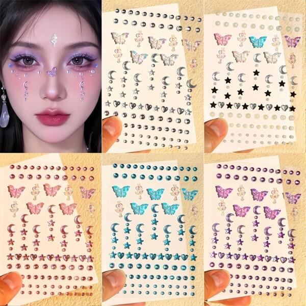 TUDOUZZZ 顔 シール ラインストーン シール 5枚セット 3D 光る セット 星 月 キラキラ 涙メイク フェ