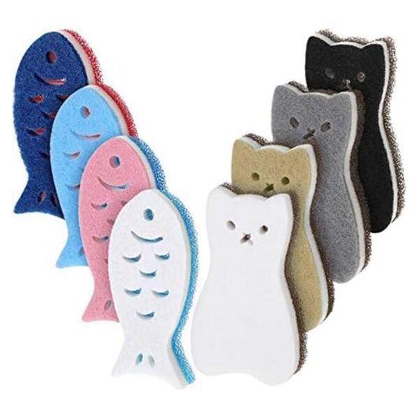 かわいい猫と魚の多用途キッチンスポンジ8個セット