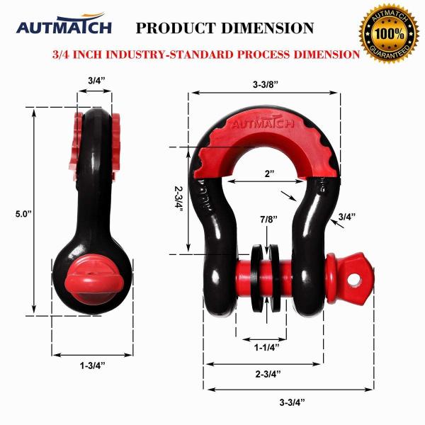 Autmatch Shackles 3/4 D Ring Shackle MSK001A 41,887Ib Break Strength with 7/8 Screw Pin and Shackle Isolator & Washers Kit for Tow Strap Winch Off Road Towing Accessory Jeep Vehicle Recovery Black Ltd 2 Pack