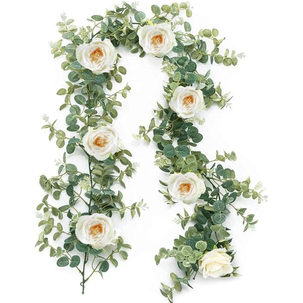 1.85m 造花 ガーランド フェイクグリーン バラ ユーカリ 薔薇 ローズ 人工観葉植物