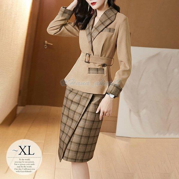 セットアップ レディース スカートスーツ 襟 膝丈 タイトスカート チェック柄 ベルト 高級感 優雅 モダン ブラウン キャメルミセス オシャレ Hana Nstz Hana Akari 2号店 通販 Yahoo ショッピング
