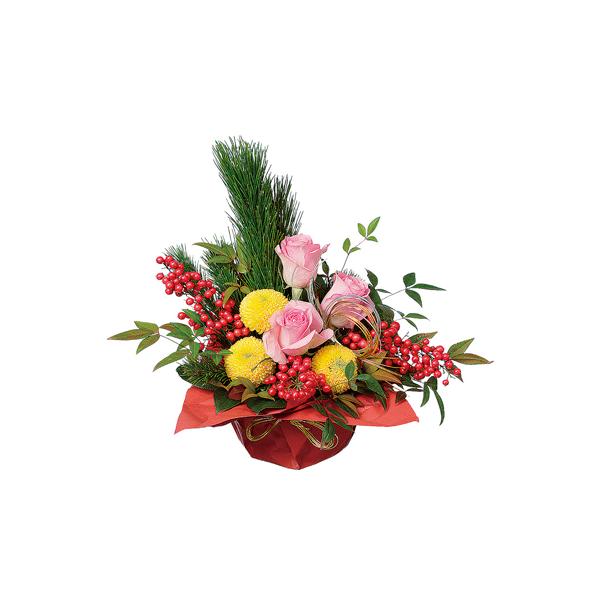 ◆お正月　迎春アレンジメント◆花キューピット　アレンジメント　ワンサイド◆サイズ／H35・W32・D26◆誕生日・お祝い・お見舞・迎春etc