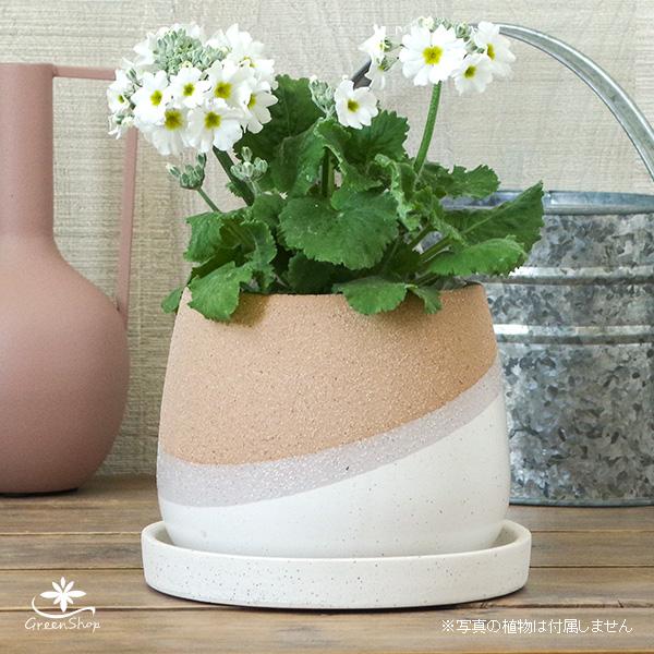 ラインラウンドポット ブラウン 約4号 受け皿付 おしゃれ 植木鉢 陶器