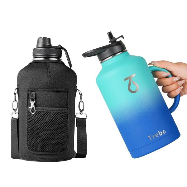 Coolflask Insulated Water Bottle 64 oz with Straw & 3 Lids, Half Gallon Water Jug Large Metal Stainless Steel Wide Mouth for Sports, Gym or Office