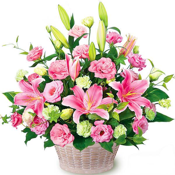 花キューピット ピンク系のお花でまとめたアレンジメント メッセージ